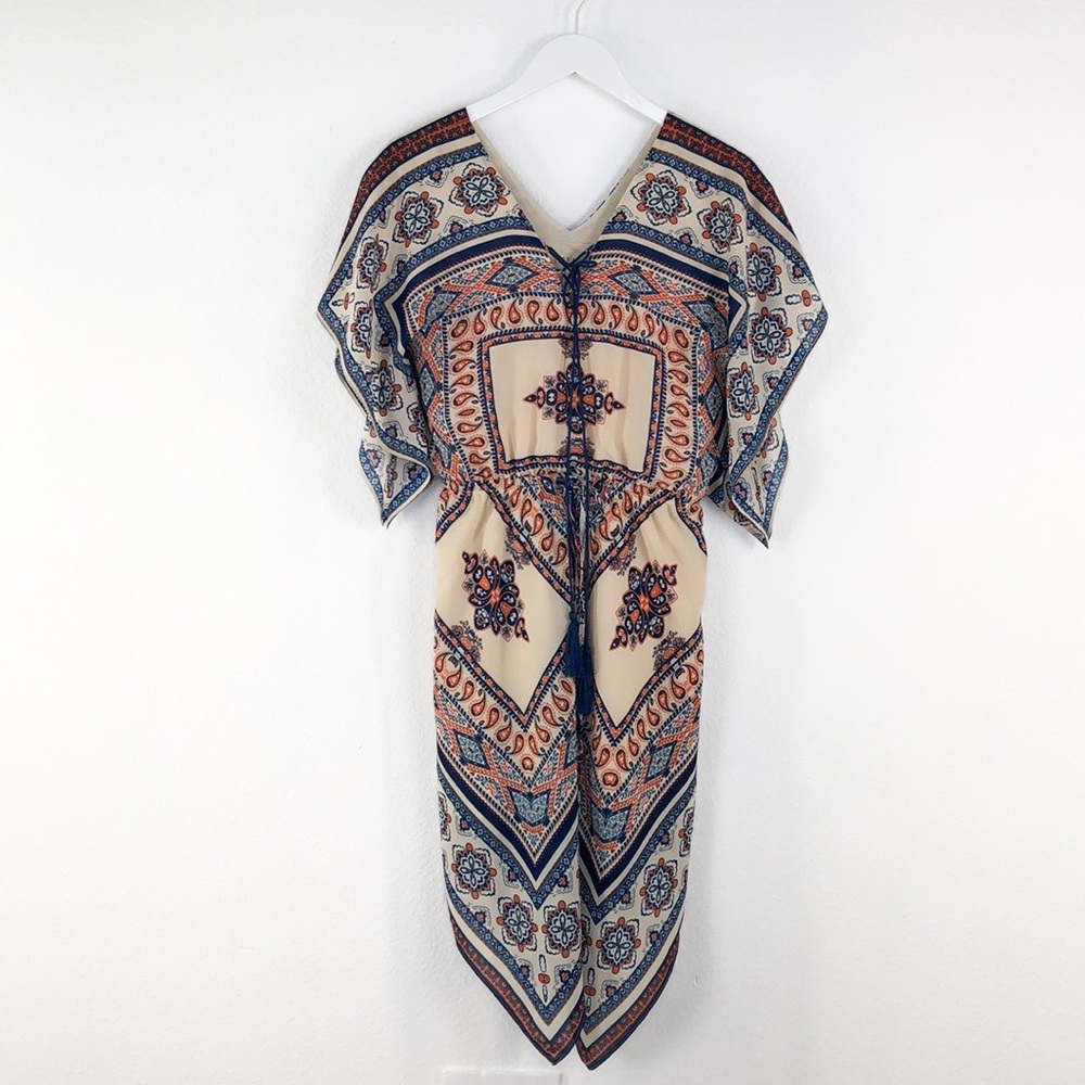 Moon River Blue Orange Handkerchief Print Dress - Picture 1 of 7